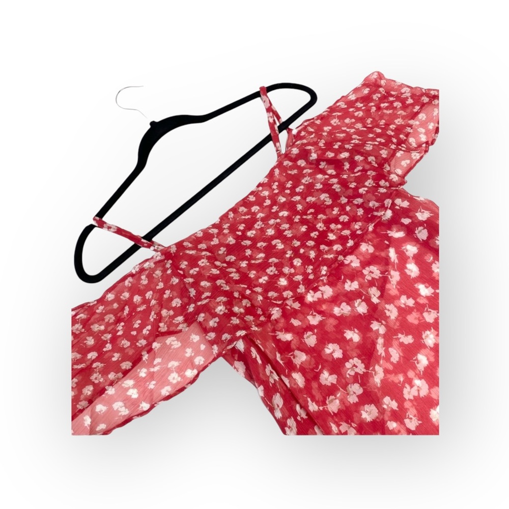 new Allsaints ꕥ Off Shoulder Ruffled Silk Floral Print Top ꕥ Red ꕥ Wear 2 Ways - Picture 8 of 16